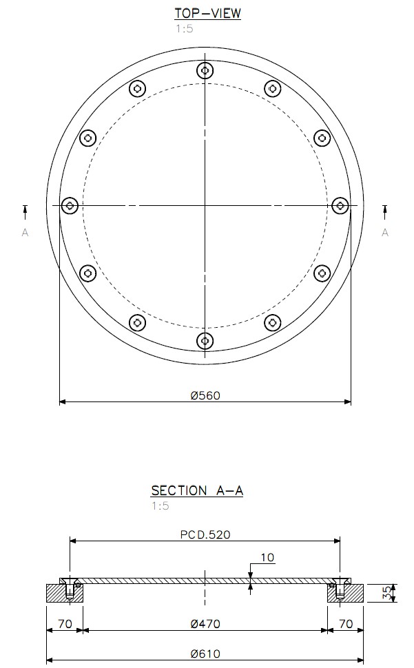 Manhole B-12 aluminium flush Ø610/560/470 (technical drawing with dimensions)