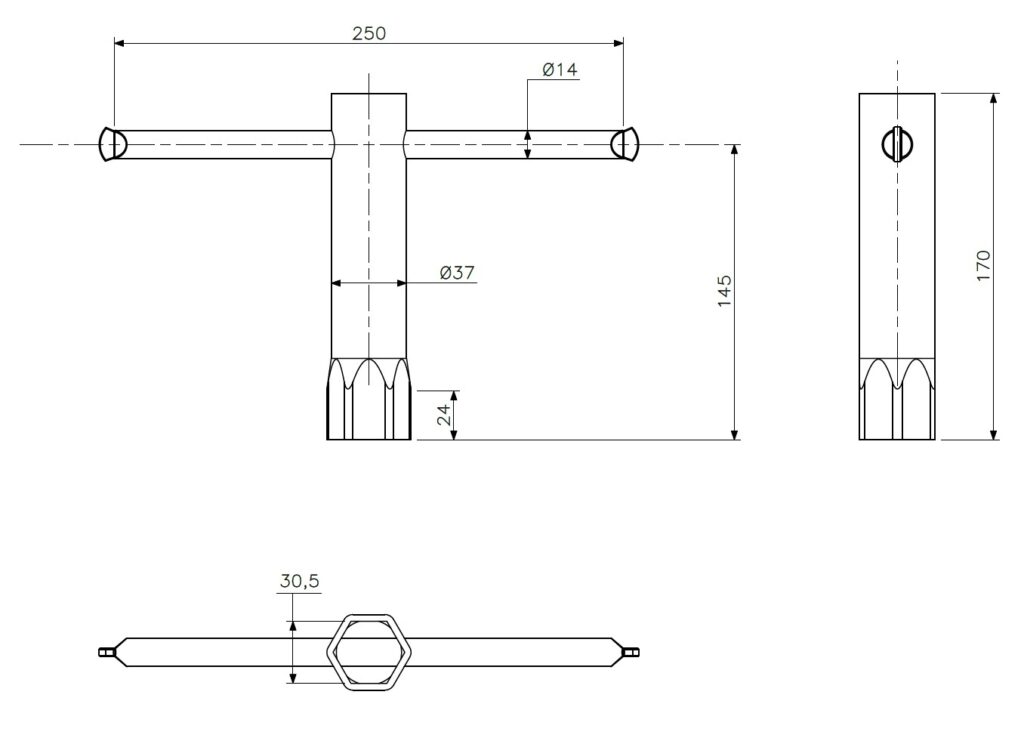 Nøkkel for senket dørvrider (teknisk tegning med dimensjoner)
